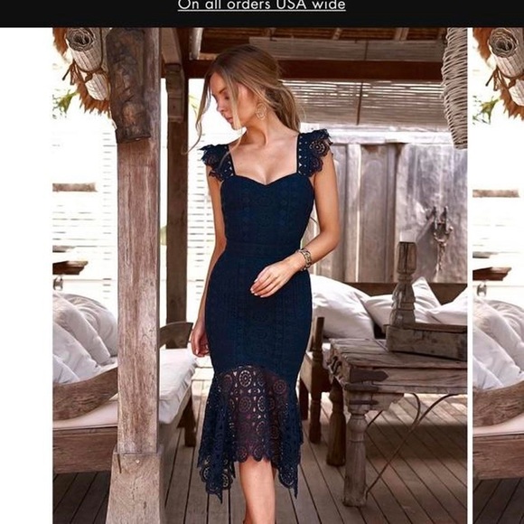 LACE GOWN EYELET NAVY BLUE MIDI DRESS PARTY FORMAL WEDDING GUEST BLACK TIE - Picture 1 of 4